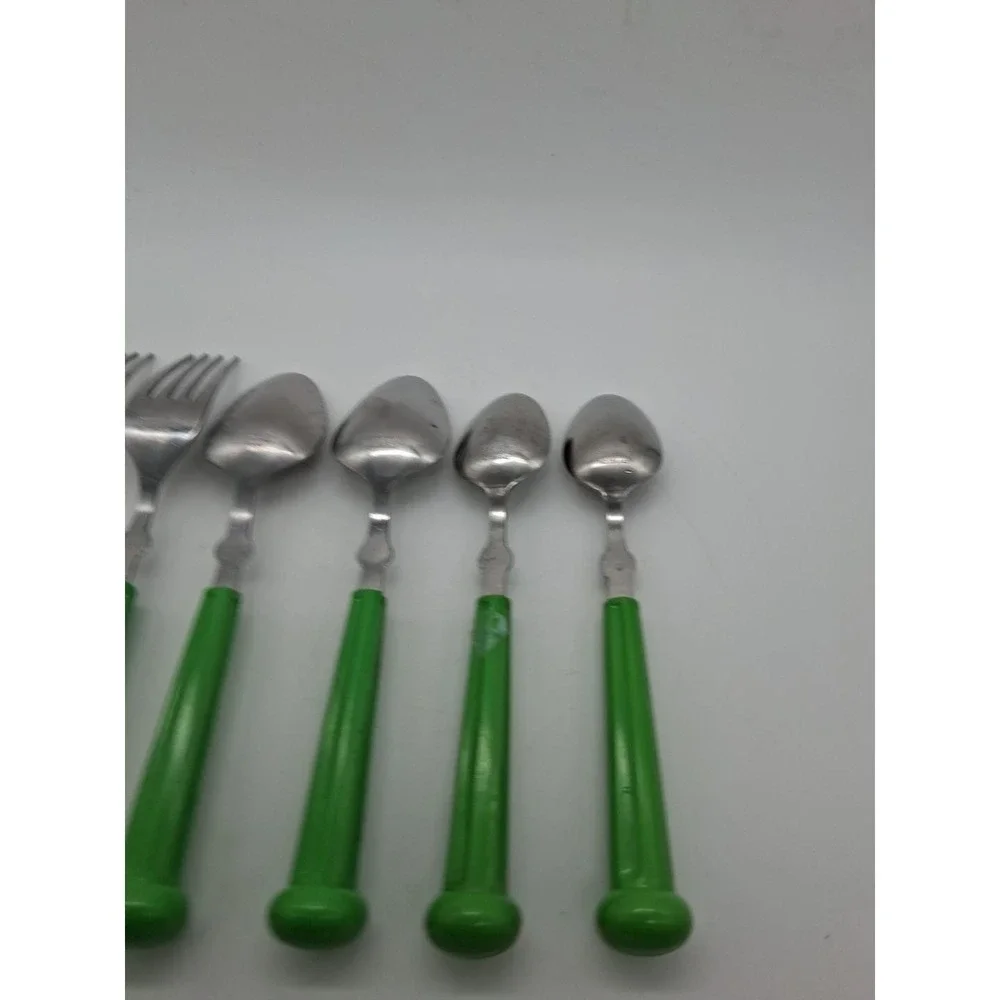 6 Piece Vintage Oxford Hall Oval Soup Spoon & Fork Lime Green Japan